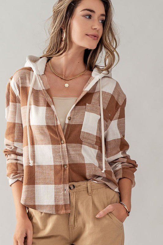 Flannel Hooded Shirt - Camel