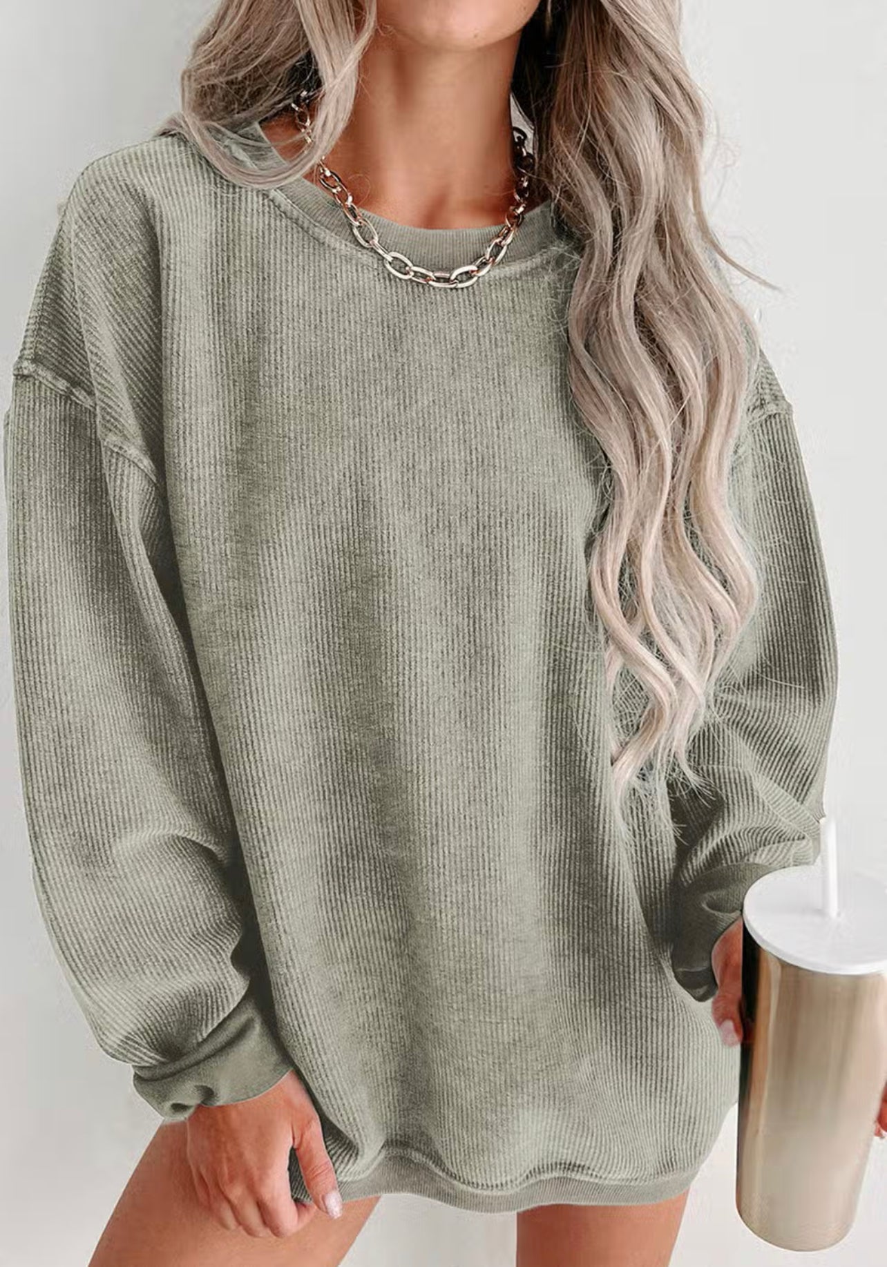 Ribbed Knit Sweatshirt - Green