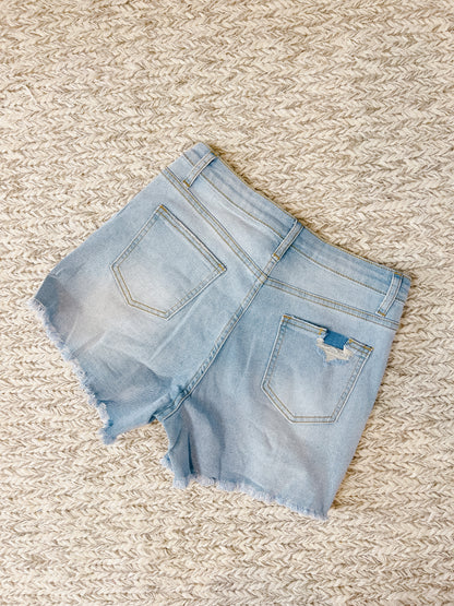 High Waist Distressed Washed Denim Shorts