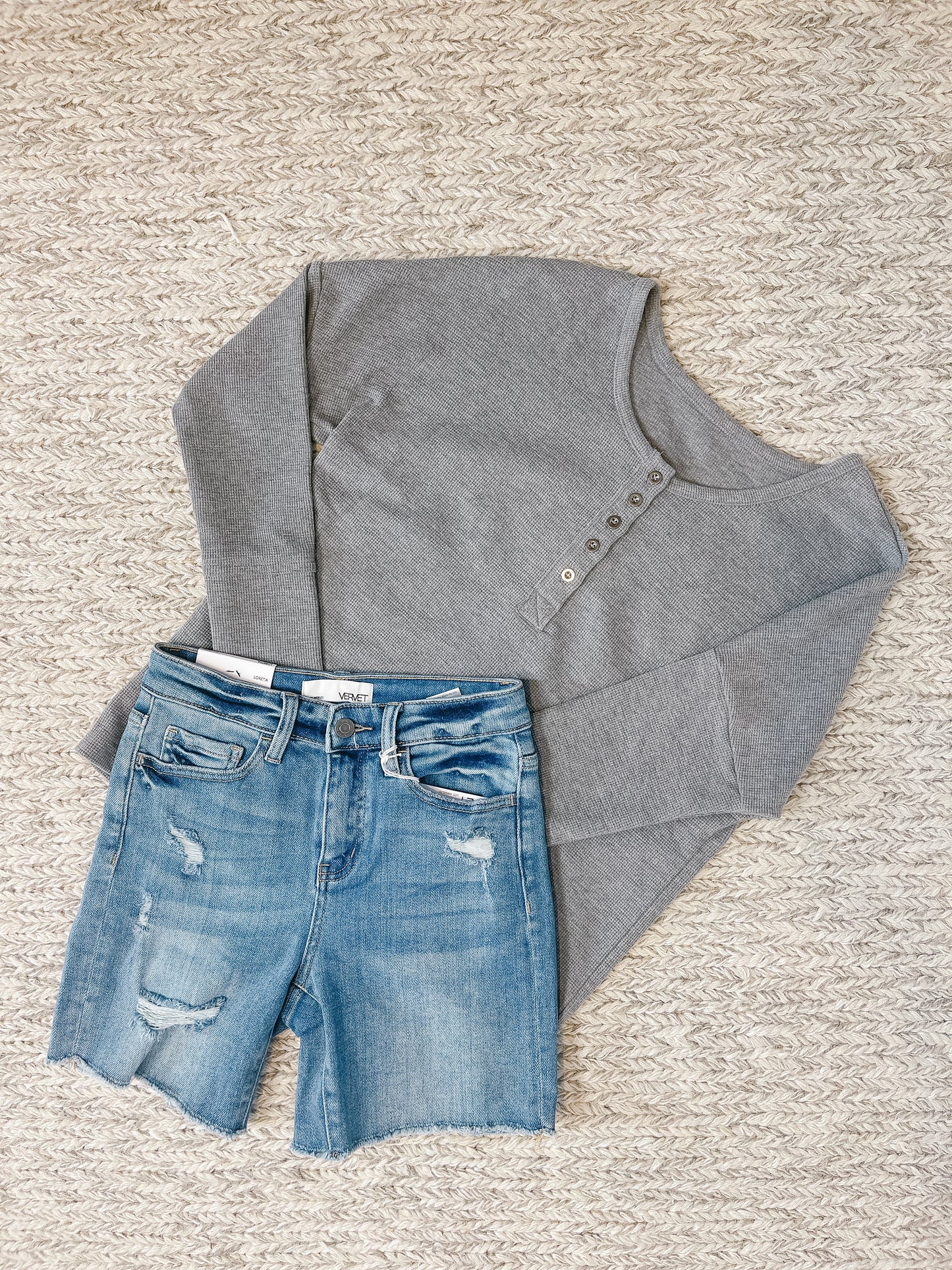 Waffle Knit Henley Top - grey