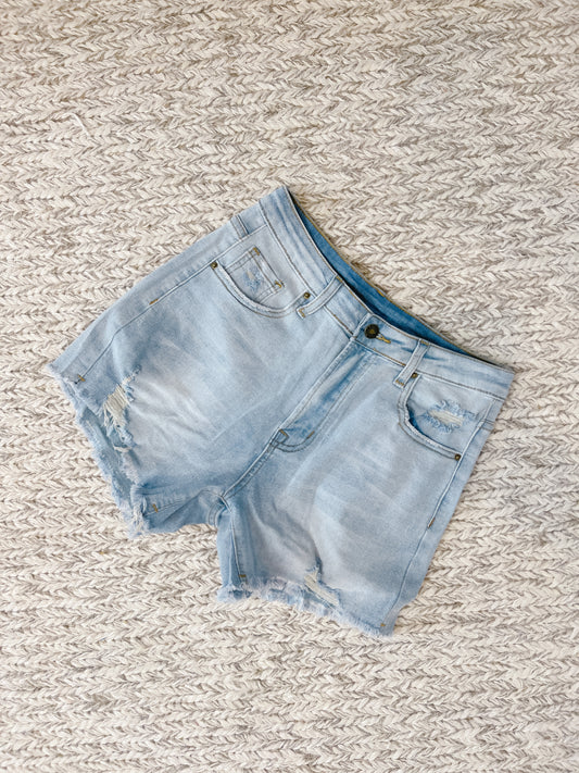 High Waist Distressed Washed Denim Shorts